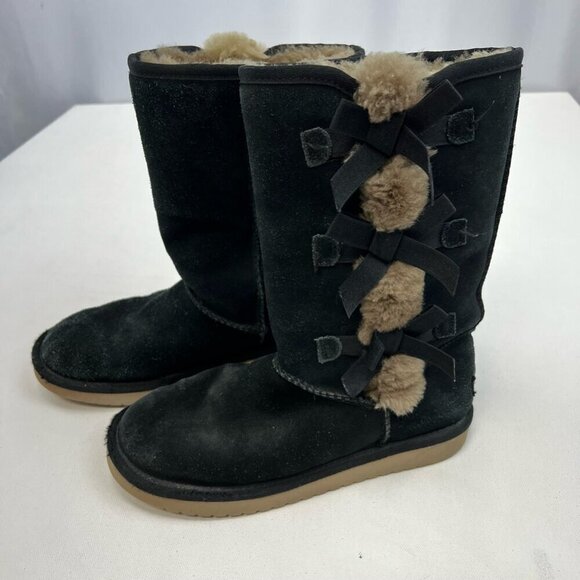 Ugg Australia Womens Koolaburra Comfort Boots Black Suede Bow Mid Calf Pull On 6 - Picture 1 of 11